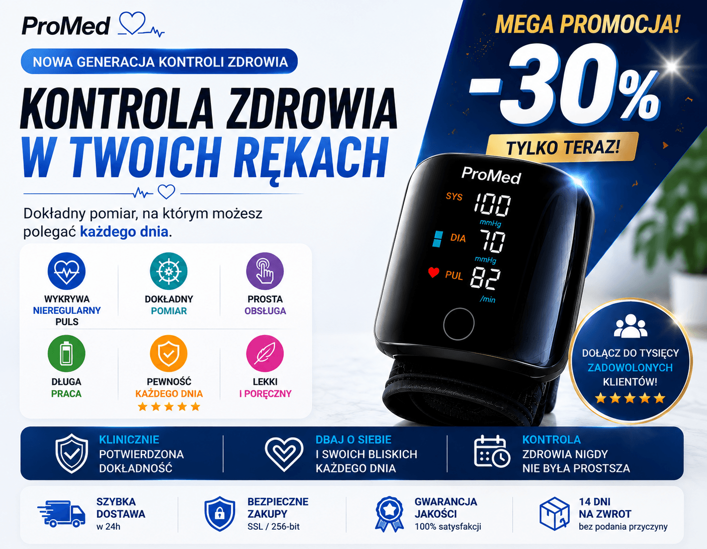 ProMed Ciśnieniomierz Nadgarstkowy LED- Tętno - Arytmia - Pulsometr